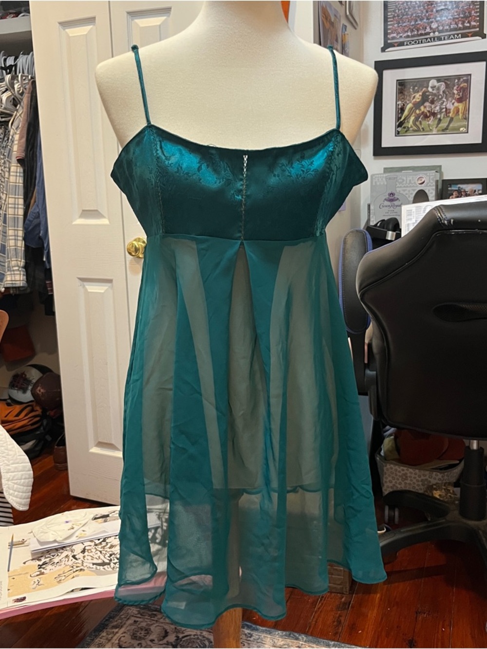 vintage emerald green victoria's secret babydoll style sheer silk slip dress/top